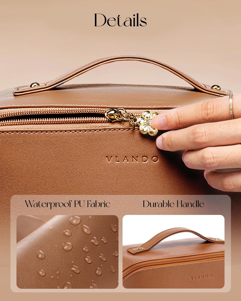 VLANDO Makeup Bag,Travel Toiletry Bag,Cosmetic Bag for Women PU Leather Portable Make up Bag for Skincare, Brushes & Travel Essentials-Brown - Image 4