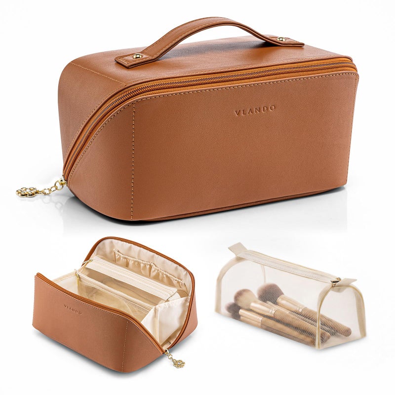 VLANDO Makeup Bag,Travel Toiletry Bag,Cosmetic Bag for Women PU Leather Portable Make up Bag for Skincare, Brushes & Travel Essentials-Brown - Image 1