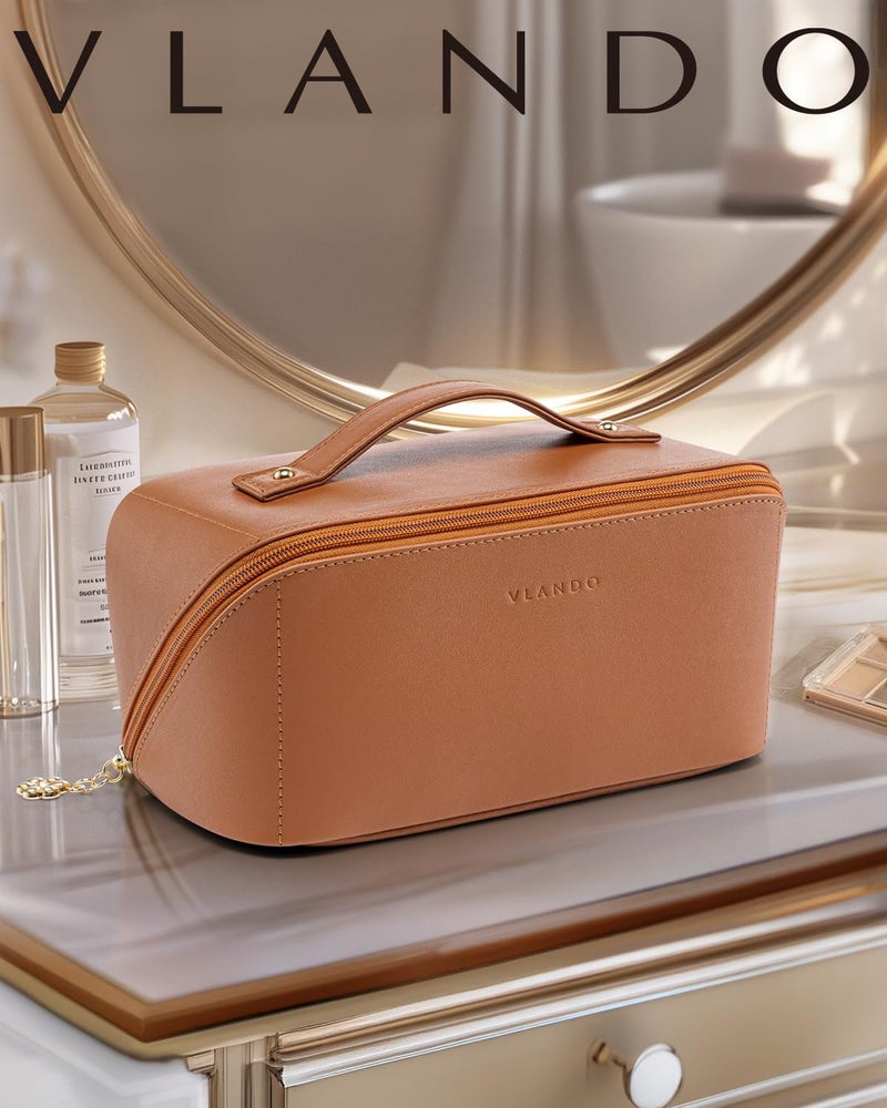 VLANDO Makeup Bag,Travel Toiletry Bag,Cosmetic Bag for Women PU Leather Portable Make up Bag for Skincare, Brushes & Travel Essentials-Brown - Image 2