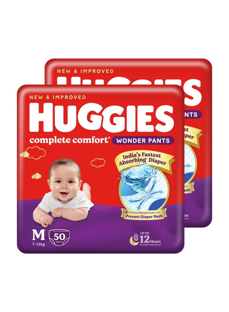 Huggies Complete Comfort Wonder Pants | Pant Style Baby Diapers Medium Size (M), 100 Count | India's Fastest Absorbing Diaper, Prevents Diaper Rash, Ideal for 7 to 12 Kgs (50 Count, Pack of 2) - Image 1