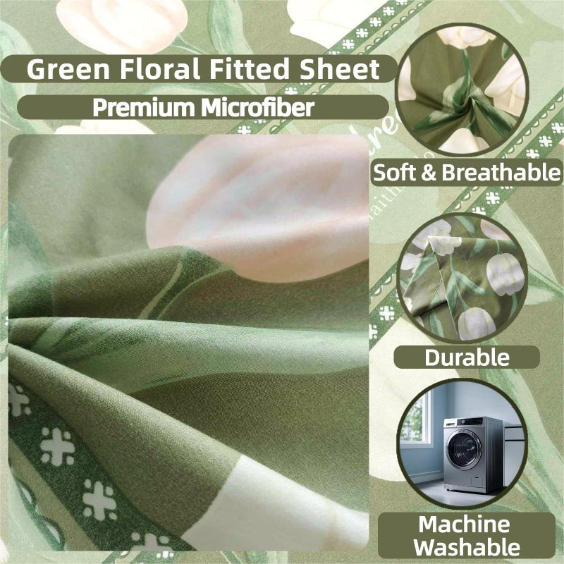 SDIII Green Floral Twin Bed Fitted Sheet with 2 Pillowcases, Not Including Flat Sheet, Soft Microfiber Rabbit and Floral Bed Fitted Sheets Twin Size - Image 3