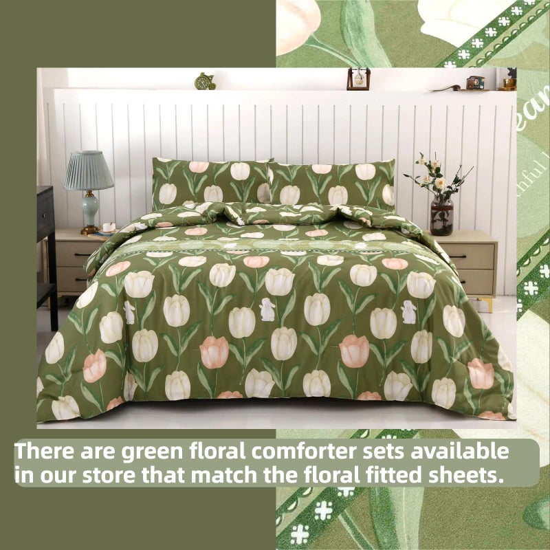 SDIII Green Floral Twin Bed Fitted Sheet with 2 Pillowcases, Not Including Flat Sheet, Soft Microfiber Rabbit and Floral Bed Fitted Sheets Twin Size - Image 5