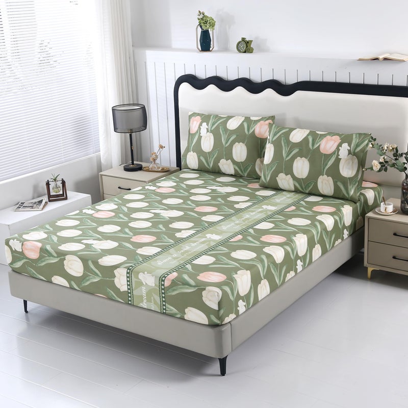 SDIII Green Floral Twin Bed Fitted Sheet with 2 Pillowcases, Not Including Flat Sheet, Soft Microfiber Rabbit and Floral Bed Fitted Sheets Twin Size - Image 1