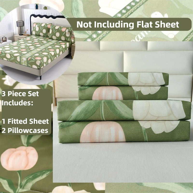 SDIII Green Floral Twin Bed Fitted Sheet with 2 Pillowcases, Not Including Flat Sheet, Soft Microfiber Rabbit and Floral Bed Fitted Sheets Twin Size - Image 2