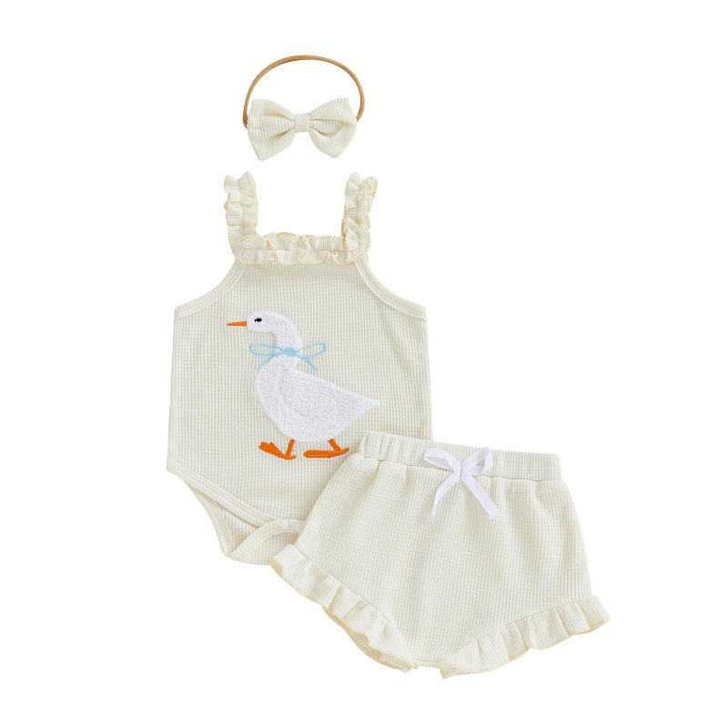 Lucikamy Baby Girl Clothes Infant Sleeveless Romper Bodysuit + Ruffle Bloomers Shorts+Headband Newborn Summer Outfits Set (Beige duck, 3-6 Months) - Image 1