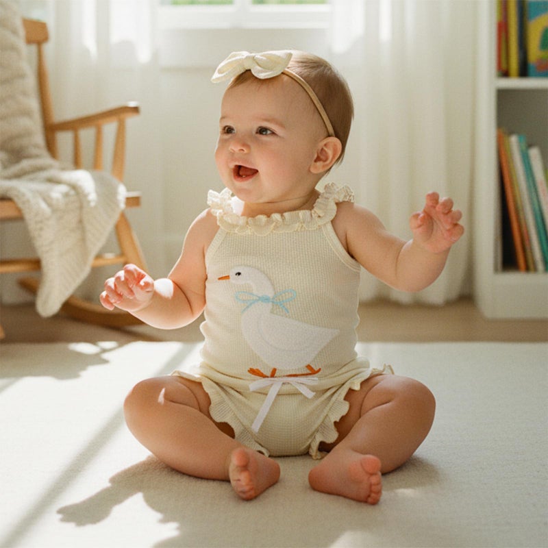 Lucikamy Baby Girl Clothes Infant Sleeveless Romper Bodysuit + Ruffle Bloomers Shorts+Headband Newborn Summer Outfits Set (Beige duck, 3-6 Months) - Image 2