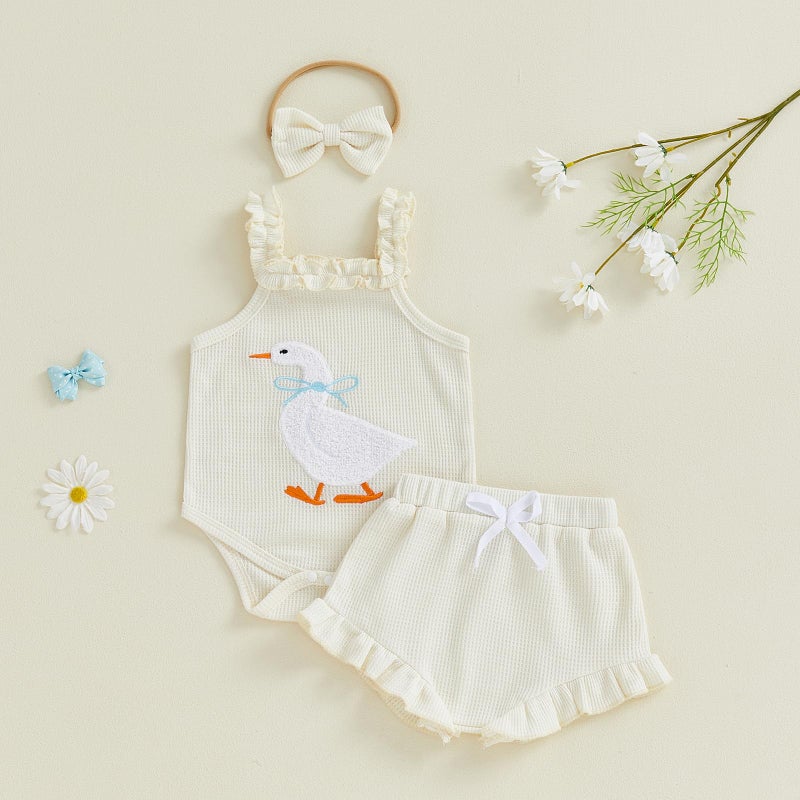 Lucikamy Baby Girl Clothes Infant Sleeveless Romper Bodysuit + Ruffle Bloomers Shorts+Headband Newborn Summer Outfits Set (Beige duck, 3-6 Months) - Image 3