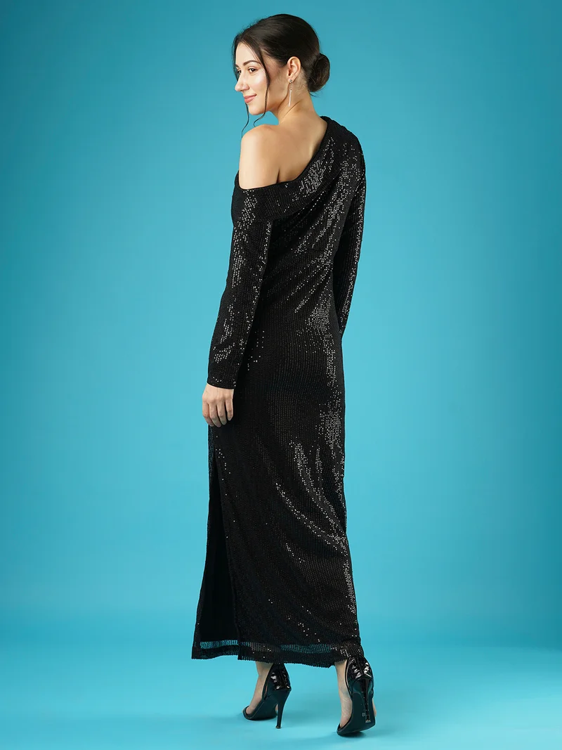globus Women Long Sleeves Sequinned Embellished Sheath Net Maxi Dress