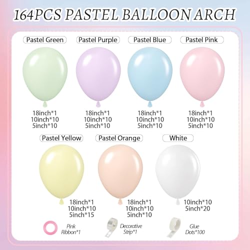 Leraqertra 164pcs Pastel Balloon Arch Pastel Balloon Garland with Pastel Pink Purple Yellow Blue Green Orange Balloons for Easter Rainbow Baby Shower Birthday Party Decorations - Image 5