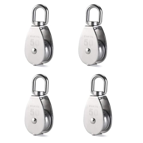 Rocaris 4 Pack M50 Single Pulley Snatch Block Lifting Crane Heavy Duty Swivel Hook 304 Stainless Steel, 3/8" Rope x 2" Sheave, 880lbs Load - Image 1
