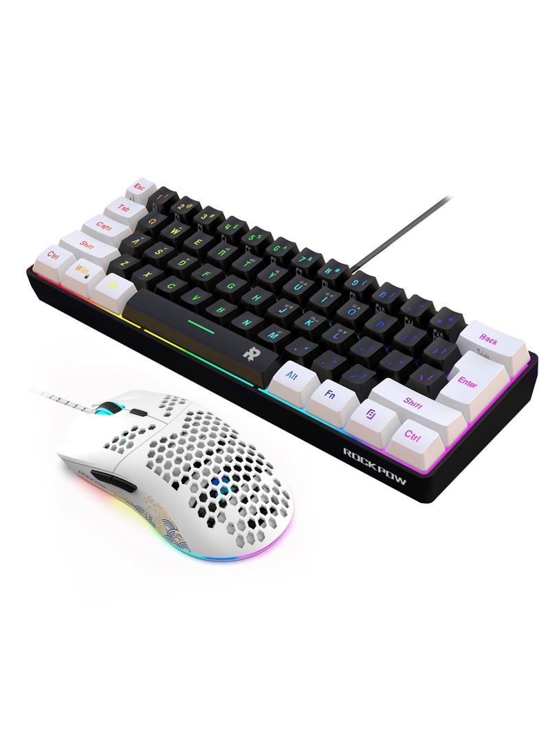 روك بو مجموعة لوحة مفاتيح وماوس ألعاب سلكية 60%، فأرة ألعاب RGB مريحة وخفيفة الوزن بدقة 8000 نقطة في البوصة، مستشعر بصري، 61 مفتاحًا بإضاءة خلفية RGB، لوحة مفاتيح صغيرة للغاية ومقاومة للماء للاعبي الكمبيوتر الشخصي - Image 1