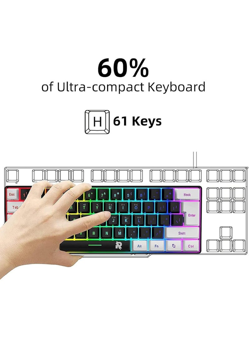 روك بو مجموعة لوحة مفاتيح وماوس ألعاب سلكية 60%، فأرة ألعاب RGB مريحة وخفيفة الوزن بدقة 8000 نقطة في البوصة، مستشعر بصري، 61 مفتاحًا بإضاءة خلفية RGB، لوحة مفاتيح صغيرة للغاية ومقاومة للماء للاعبي الكمبيوتر الشخصي - Image 3