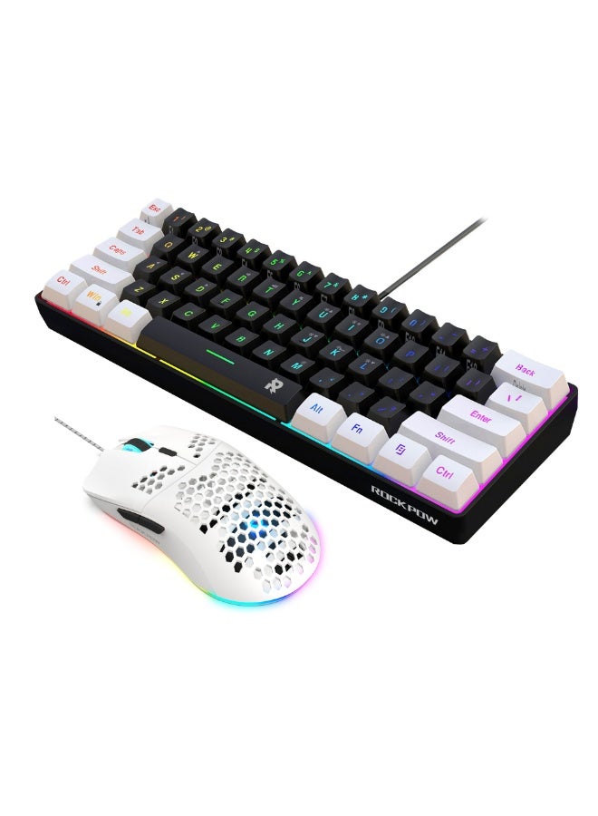 روك بو مجموعة لوحة مفاتيح وماوس ألعاب سلكية 60%، فأرة ألعاب RGB مريحة وخفيفة الوزن بدقة 8000 نقطة في البوصة، مستشعر بصري، 61 مفتاحًا بإضاءة خلفية RGB، لوحة مفاتيح صغيرة للغاية ومقاومة للماء للاعبي الكمبيوتر الشخصي - Image 1