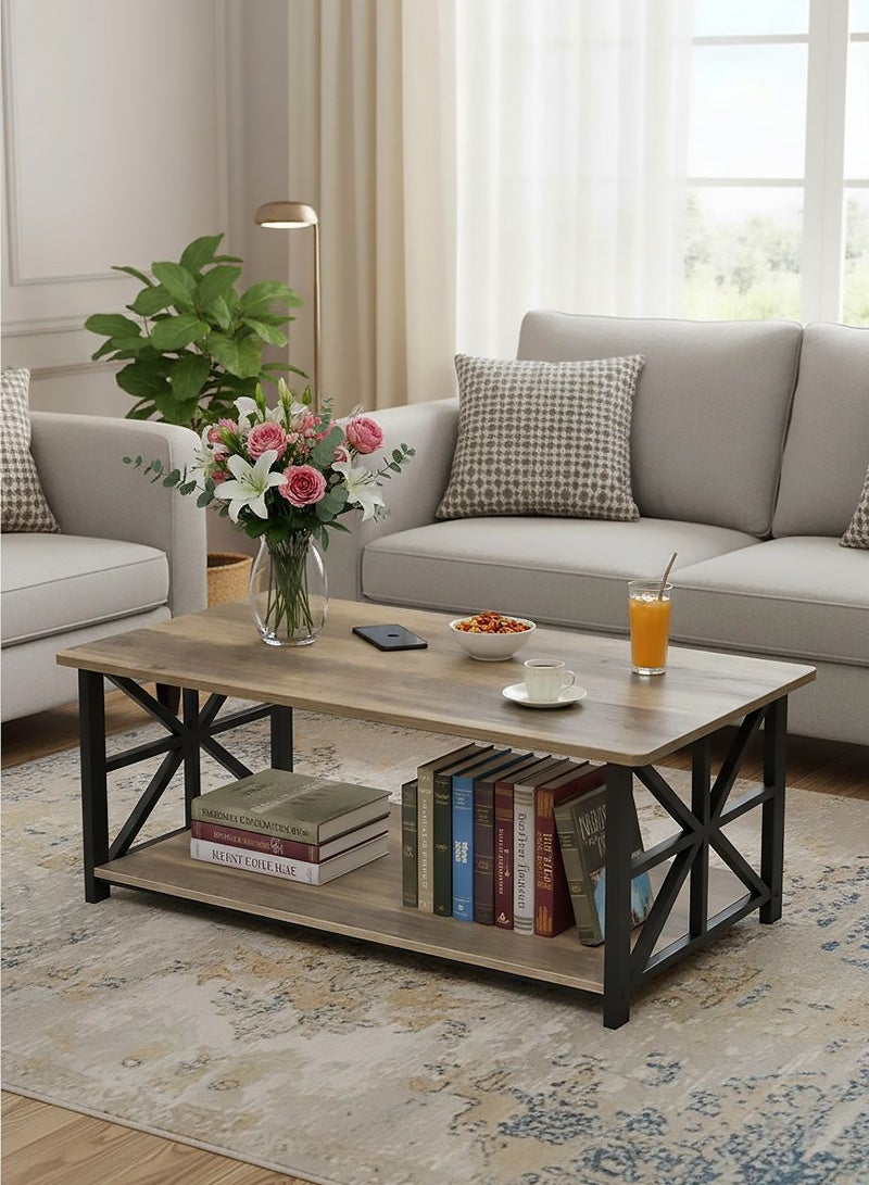 AGD Square Center Table for Living Room, Two-Tier Coffee Table, Rustic Design and Storage Space 70x45 cm/ gray - Image 4
