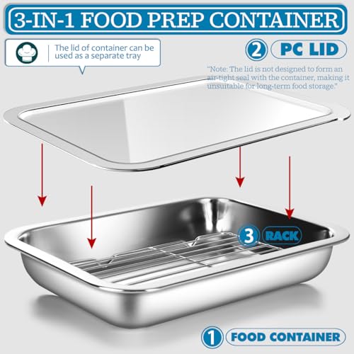 WAGENSTEIGER Stainless Steel Food Prep Container Set with Rack & Transparent Lid, Casserole, Bake Pan, Hotel Pan, For Deep Frying Prep/Marination/Oven Roasting/Buffet Party(No.2) - Image 4