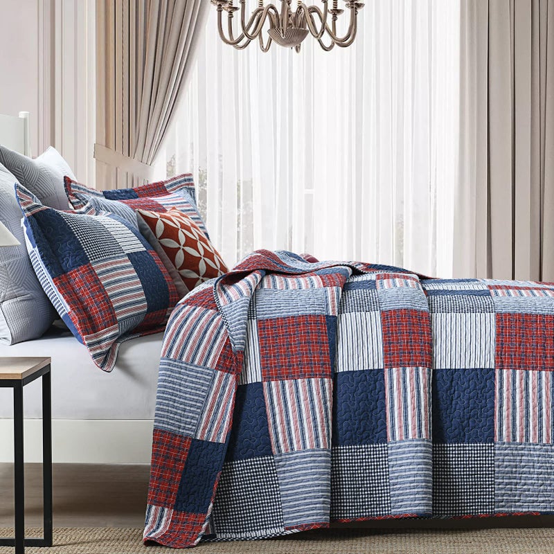 Finlonte Quilt King Size - 100% Cotton King Size Comforter Set Blue Red White Plaid Farmhouse Quilt Bedding Set, Reversible Lightweight Soft Bedspread, Quilted Coverlet All-Season, 3-Piece - Image 2