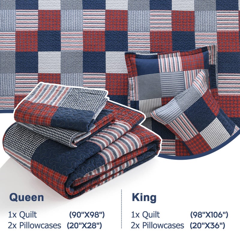 Finlonte Quilt King Size - 100% Cotton King Size Comforter Set Blue Red White Plaid Farmhouse Quilt Bedding Set, Reversible Lightweight Soft Bedspread, Quilted Coverlet All-Season, 3-Piece - Image 5