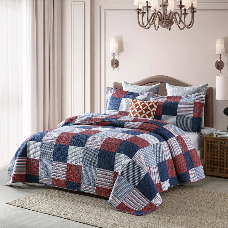 Finlonte Quilt King Size - 100% Cotton King Size Comforter Set Blue Red White Plaid Farmhouse Quilt Bedding Set, Reversible Lightweight Soft Bedspread, Quilted Coverlet All-Season, 3-Piece - Image 3