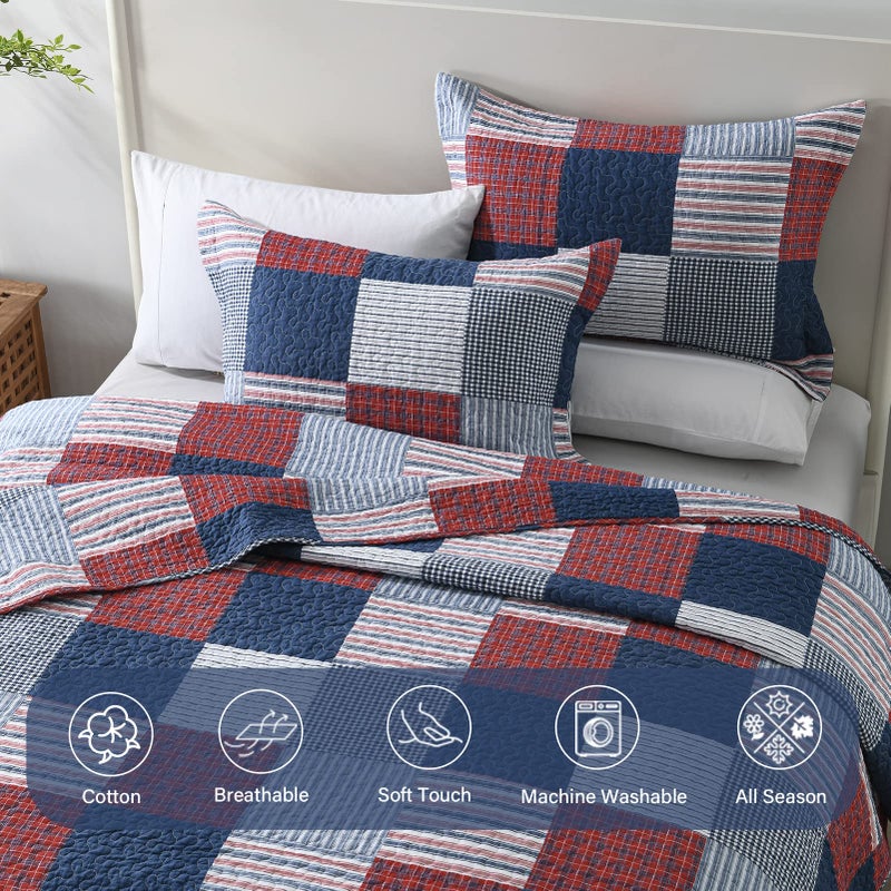 Finlonte Quilt King Size - 100% Cotton King Size Comforter Set Blue Red White Plaid Farmhouse Quilt Bedding Set, Reversible Lightweight Soft Bedspread, Quilted Coverlet All-Season, 3-Piece - Image 4