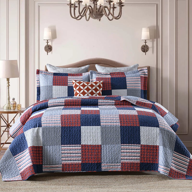 Finlonte Quilt King Size - 100% Cotton King Size Comforter Set Blue Red White Plaid Farmhouse Quilt Bedding Set, Reversible Lightweight Soft Bedspread, Quilted Coverlet All-Season, 3-Piece - Image 1