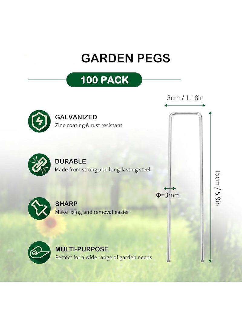 RATSAW - Garden Pegs 100 Pieces 150mm 30mm Galvanised Steel Landscape Staples Strong U Shaped Ground Stakes for Securing Weed Control Membrane Fabric Artifical Grass Matting Netting Hoses - Image 1