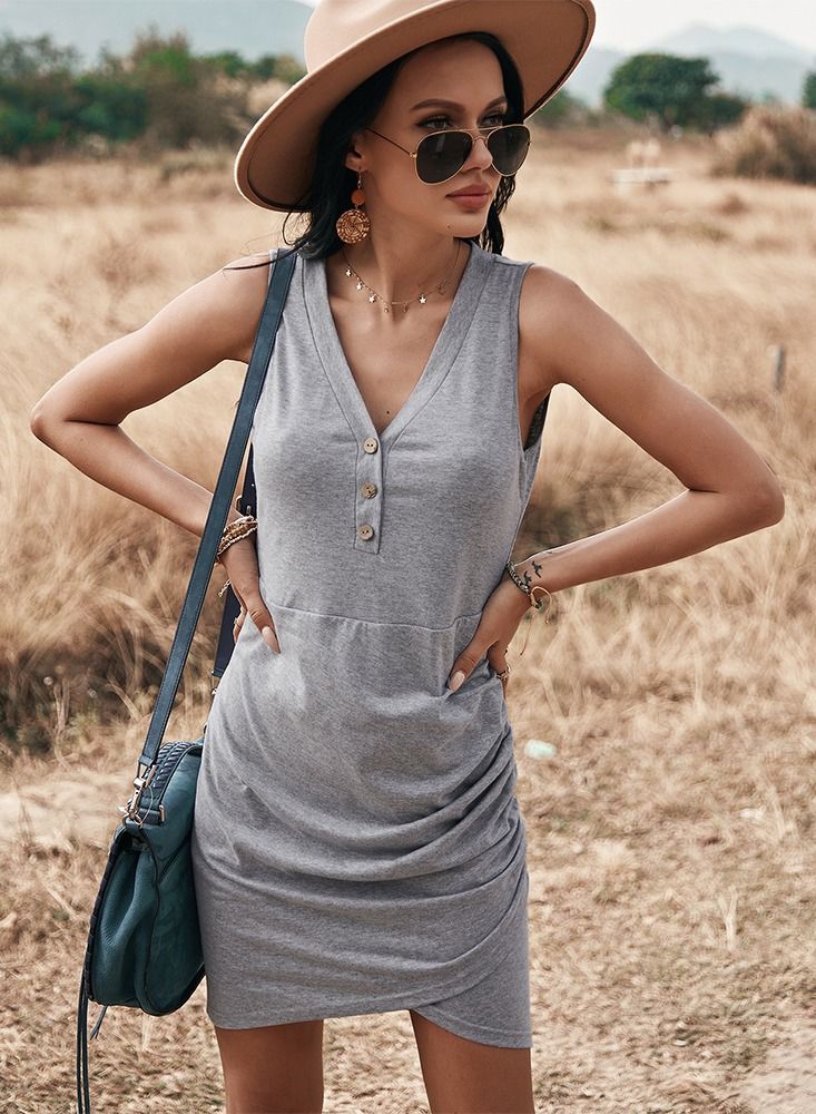 Loquat Spring And Summer Vest Solid Color Dress Shrink Waist Show Thin Grey - Image 1