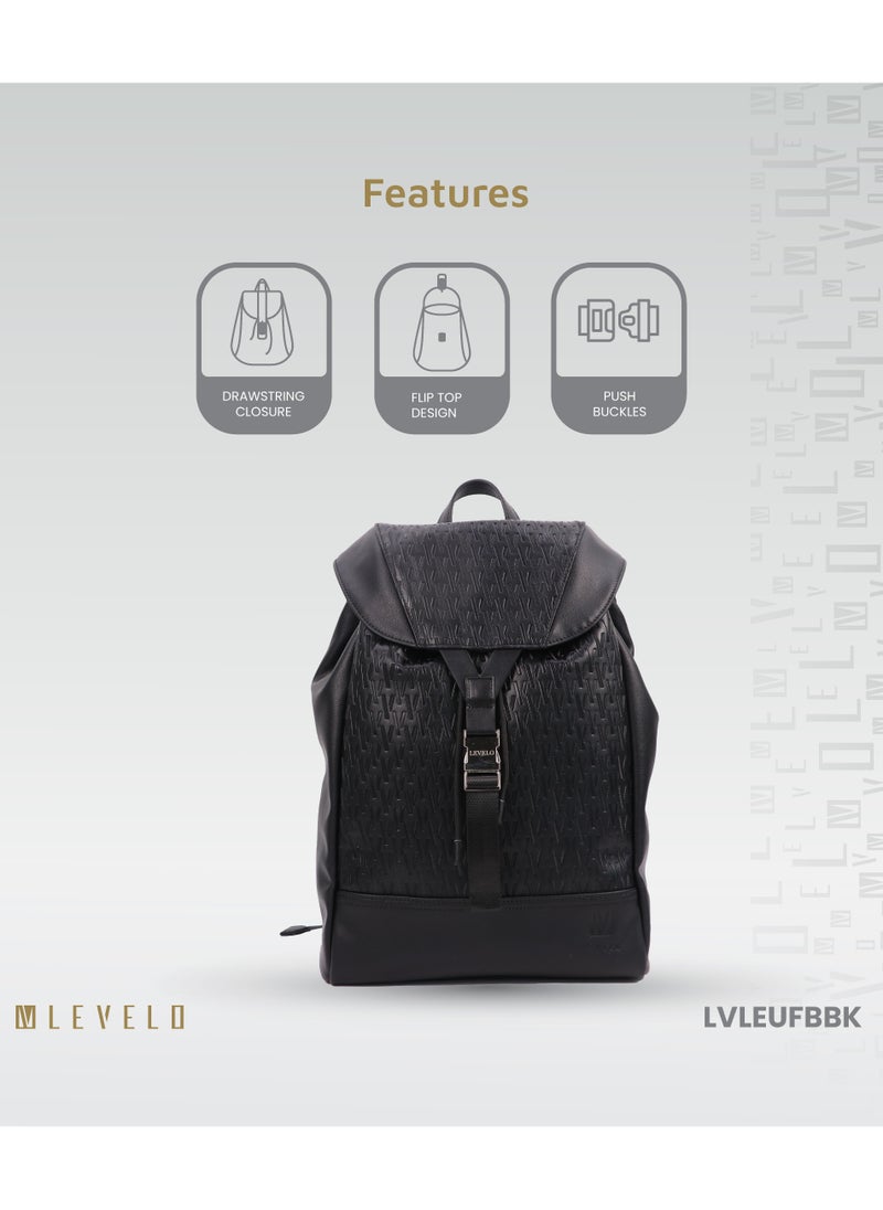LEVELO - Envol 16" Universal Fashion Backpack with Multiple Compartments /  Ample Space / Flip Top Design / Drawstring Closure / Scratch Resistance /  Lightweight Elegant Bag / Secure Push Buckles - Black - Image 1