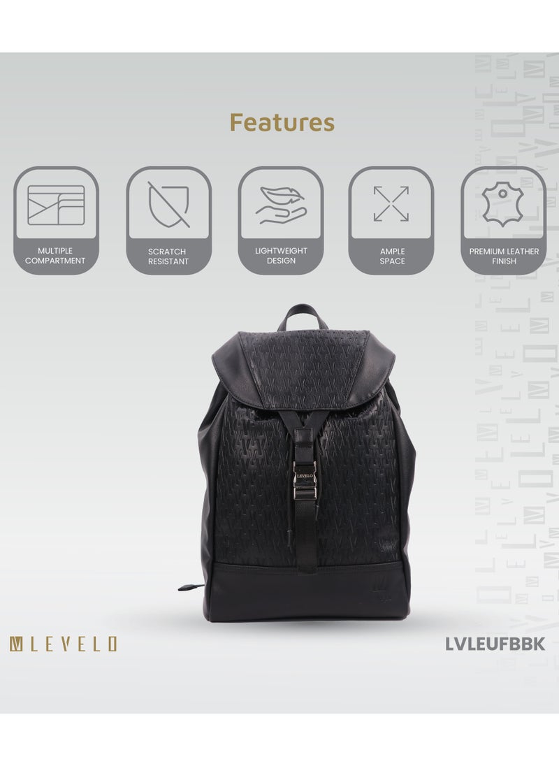 LEVELO - Envol 16" Universal Fashion Backpack with Multiple Compartments /  Ample Space / Flip Top Design / Drawstring Closure / Scratch Resistance /  Lightweight Elegant Bag / Secure Push Buckles - Black - Image 1