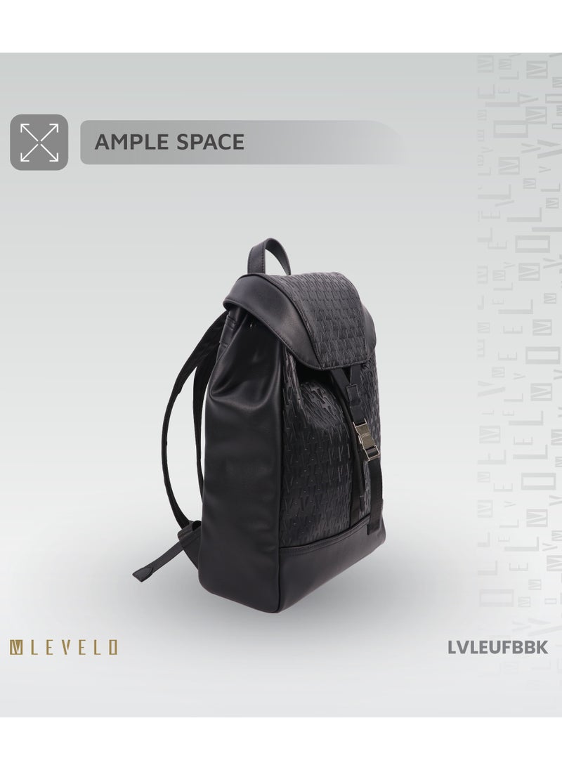 LEVELO - Envol 16" Universal Fashion Backpack with Multiple Compartments /  Ample Space / Flip Top Design / Drawstring Closure / Scratch Resistance /  Lightweight Elegant Bag / Secure Push Buckles - Black - Image 1