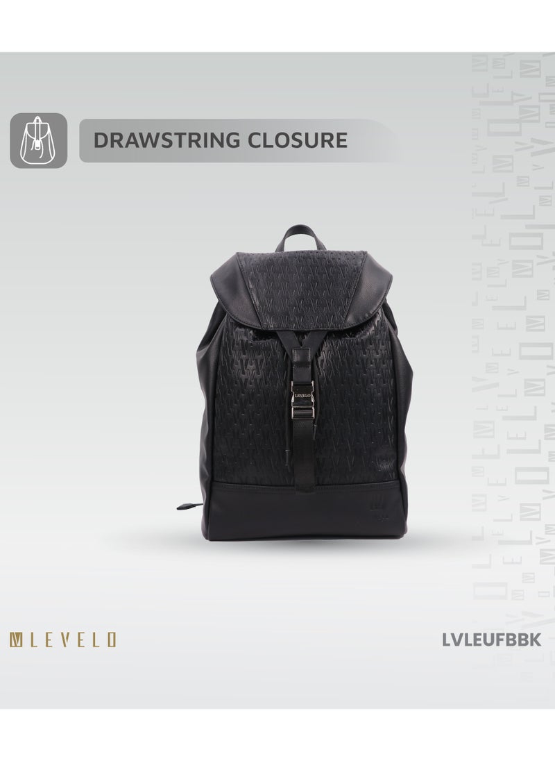 LEVELO - Envol 16" Universal Fashion Backpack with Multiple Compartments /  Ample Space / Flip Top Design / Drawstring Closure / Scratch Resistance /  Lightweight Elegant Bag / Secure Push Buckles - Black - Image 1