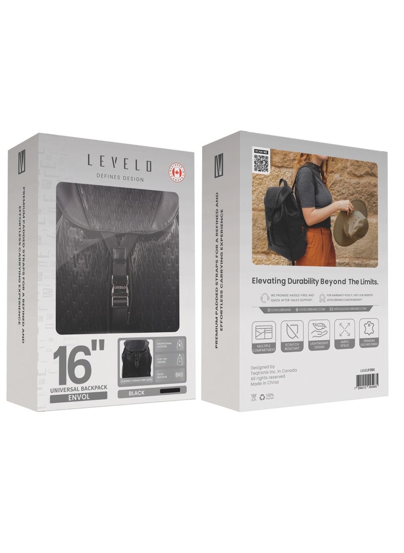 LEVELO - Envol 16" Universal Fashion Backpack with Multiple Compartments /  Ample Space / Flip Top Design / Drawstring Closure / Scratch Resistance /  Lightweight Elegant Bag / Secure Push Buckles - Black - Image 1