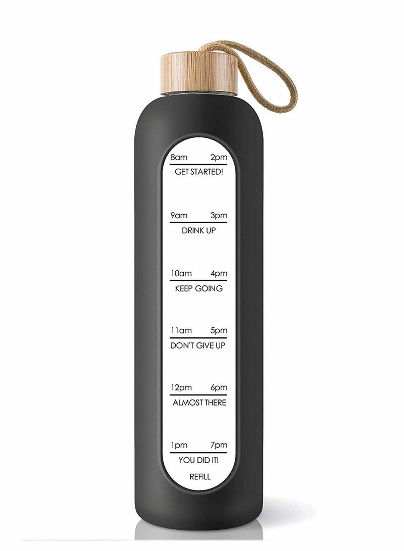 NIBEMINENT 32 Oz Borosilicate Glass Water Bottle with Time Marker Reminder Quotes, Leak Proof Reusable BPA Free Motivational Silicone Sleeve and Bamboo Lid (Black) - Image 1