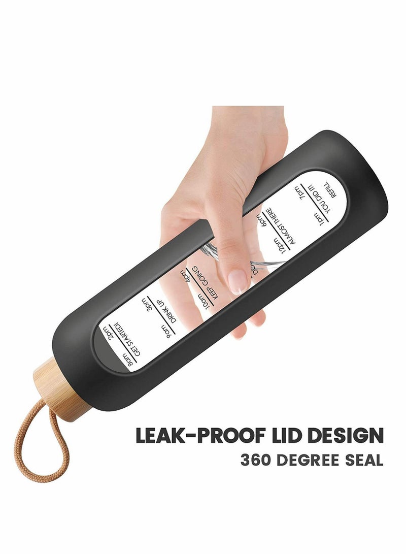 NIBEMINENT 32 Oz Borosilicate Glass Water Bottle with Time Marker Reminder Quotes, Leak Proof Reusable BPA Free Motivational Silicone Sleeve and Bamboo Lid (Black) - Image 4