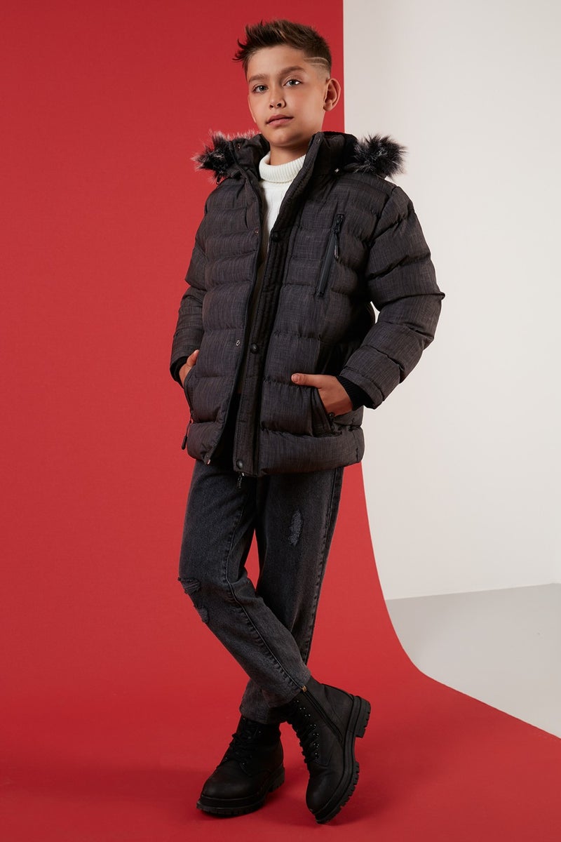 Lela Plush Lined Removable Hooded Winter Coat with Pockets Boys' Coat 5760024  - Image 1