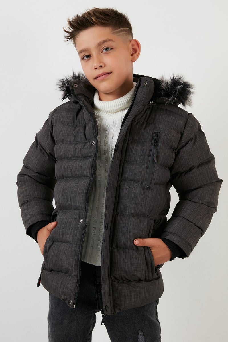 Lela Plush Lined Removable Hooded Winter Coat with Pockets Boys' Coat 5760024  - Image 2