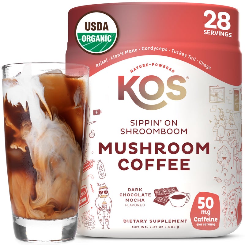 KOS Mushroom Coffee - USDA Certified Organic - Dark Chocolate Mocha Flavor - Mushroom Coffee Latte Powder with Reishi, Cordyceps, Lion's Mane, Chaga & Turkey Tail Mushrooms - Image 1