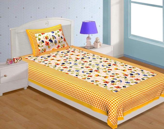 COMFORT RAJASTHANI JAIPURI TRADITIONAL SANGANERI PRINTED 140 TC COTTON SINGLE SIZE BED BEDSHEET WITH 1 PILLOW COVER YELLOW