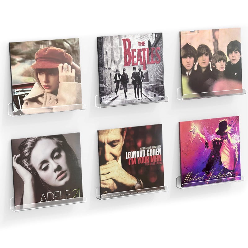 Meaocer Vinyl Record Shelf Wall Mount 6 Pack 12 inch Clear Acrylic Album Record Holder Display Kids Bookshelf Floating Wall Shelves for Bathroom Bedroom Living Room Kitchen
