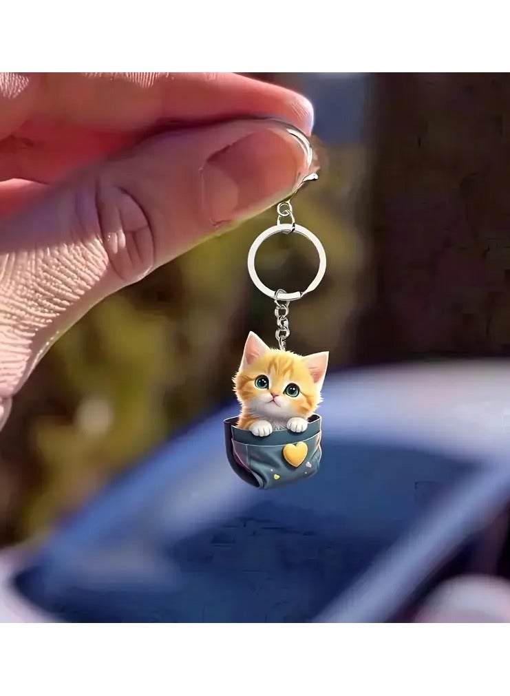 Goolsky Adorable Pocket Cat Keychain - Flat Cartoon Animal Charm for Backpacks & Car Decor, Perfect Gift Idea, Animal Theme - Image 2