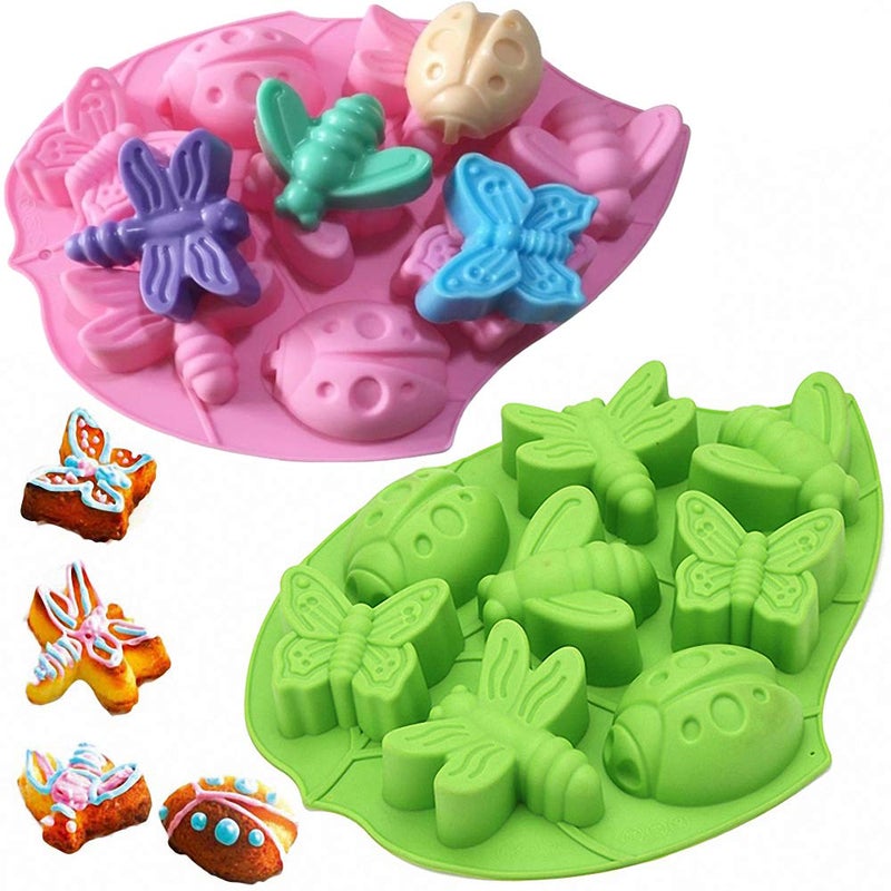 HiParty 2Pcs 8 Cavity Insect Butterfly Dragonfly Bee Ladybug Silicone Cake Molds Ice Tray Pudding Jelly Dessert Chocolate Mould Baking Cake Pan Fondant Cake Mold Baking Bakeware Tool