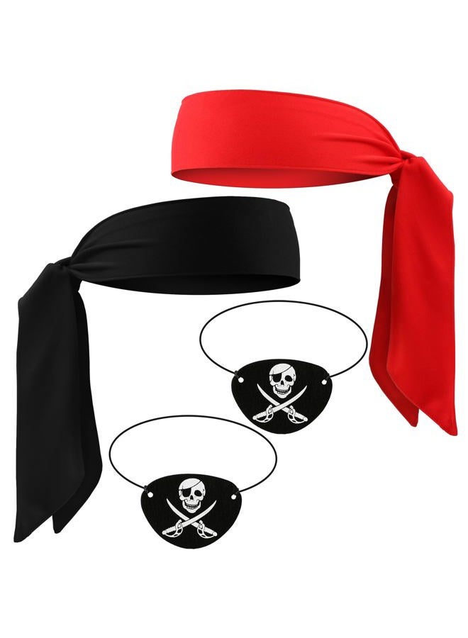 Scotamalone Halloween Pirate-Accessories Pirate-Party Favors Supplies for Men Women Includes Two Red Piratehead Bandana And Two Black Pirate-Eye Patches - Image 1