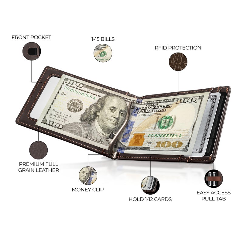 Kingly Cash Clip Slim Leather Wallet for Men with RFID Blocking & Money Clip - Minimalist Front Pocket Bifold Wallet Holds 12 Cards - Secure Card Holder with Easy Access Pull Tab - Image 2