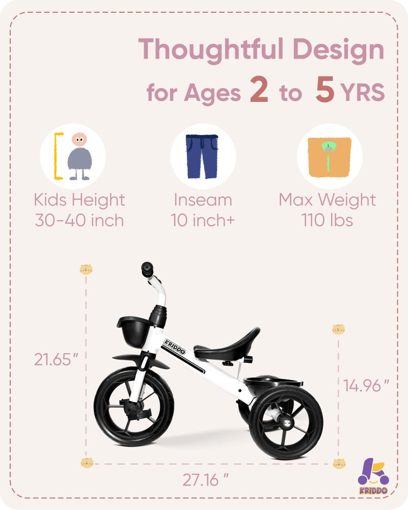 KRIDDO Kids Tricycles Age 24 Month to 4 Years, Toddler Kids Trike for 2.5 to 5 Year Old, Gift Toddler Tricycles for 2-4 Year Olds, Trikes for Toddlers, Sporty Styling, White - Image 5
