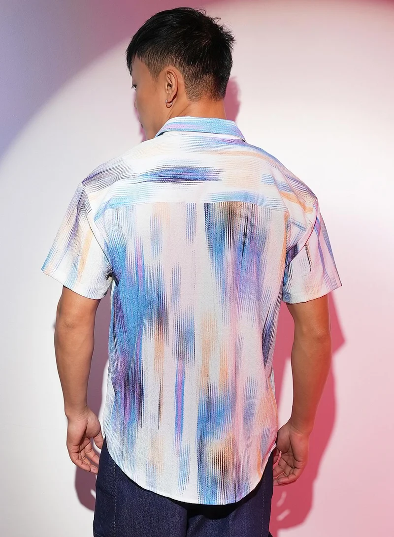 CAHOOT  Men's Sky Blue & Ivory White Strokes-Textured Shirt for Men | Best Price UAE