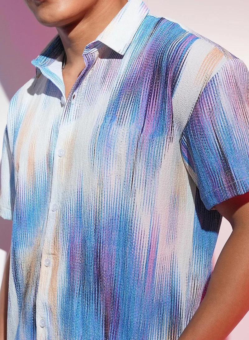 CAHOOT  Men's Sky Blue & Ivory White Strokes-Textured Shirt for Men | Best Price UAE
