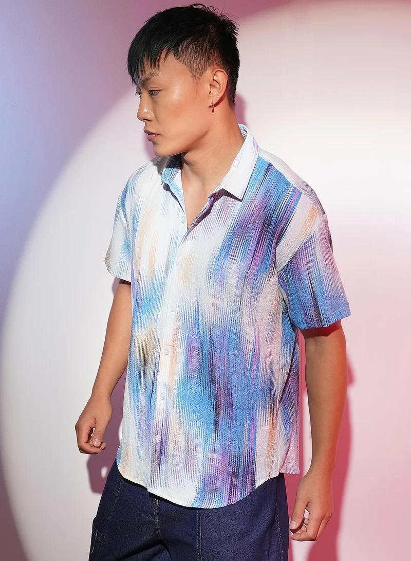 CAHOOT  Men's Sky Blue & Ivory White Strokes-Textured Shirt for Men | Best Price UAE