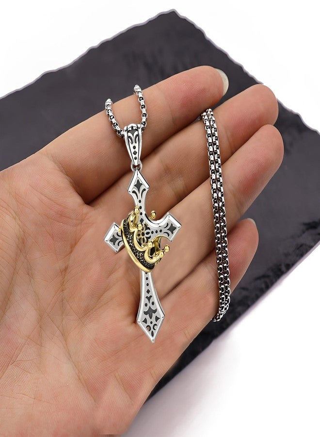SAMIQU Elegant Cross Necklace for Men， Cross Pendant Necklace– Stainless Steel Chain with Detachable Crown Pendant - Image 2