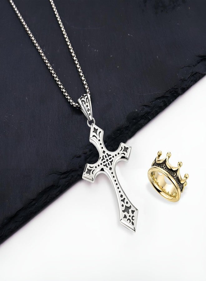 SAMIQU Elegant Cross Necklace for Men， Cross Pendant Necklace– Stainless Steel Chain with Detachable Crown Pendant - Image 4