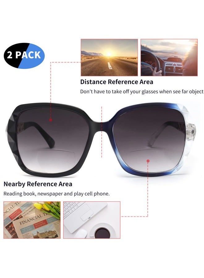 JM 2 Pack Bifocal Reading Sunglasses, Oversized Sun Reader Glasses for Women UV Protection Outdoor, Black & Clear Blue +1.5 - Image 2