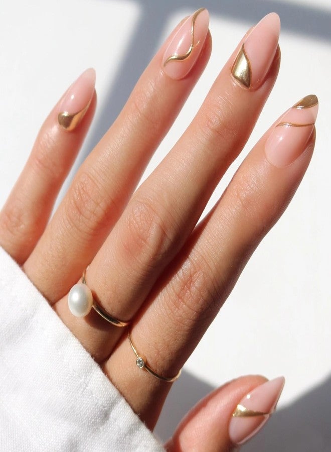 Glamnetic Glamzilla False Nails - Am I Rich | Short Nude Almond False Nails with Gold Foil, Professional Quality | 15 Sizes - Kit of 30 Nails with Glue - Image 1